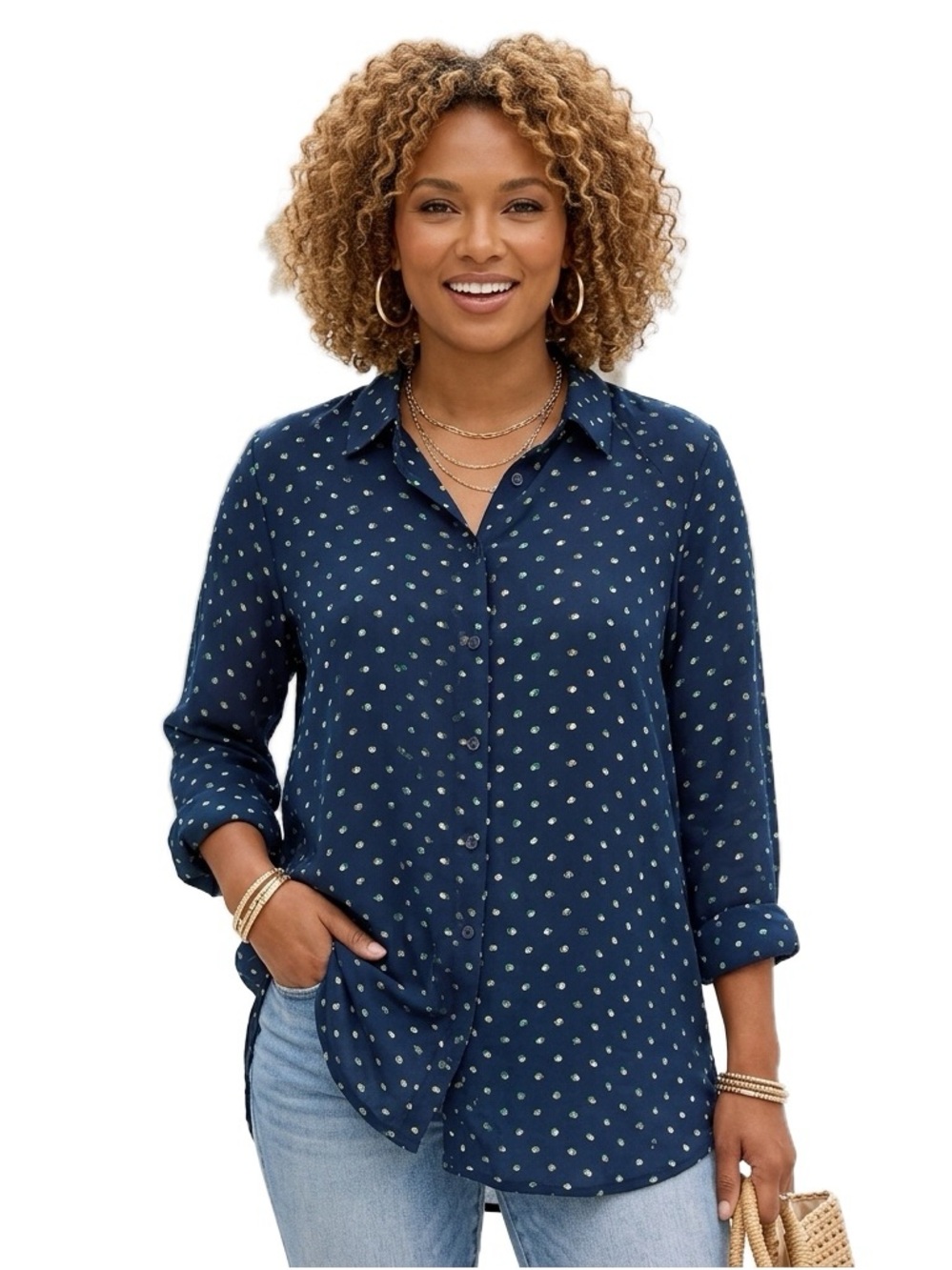 CAbi Navy Green Polka Dot Button Down Long SleeveShirt